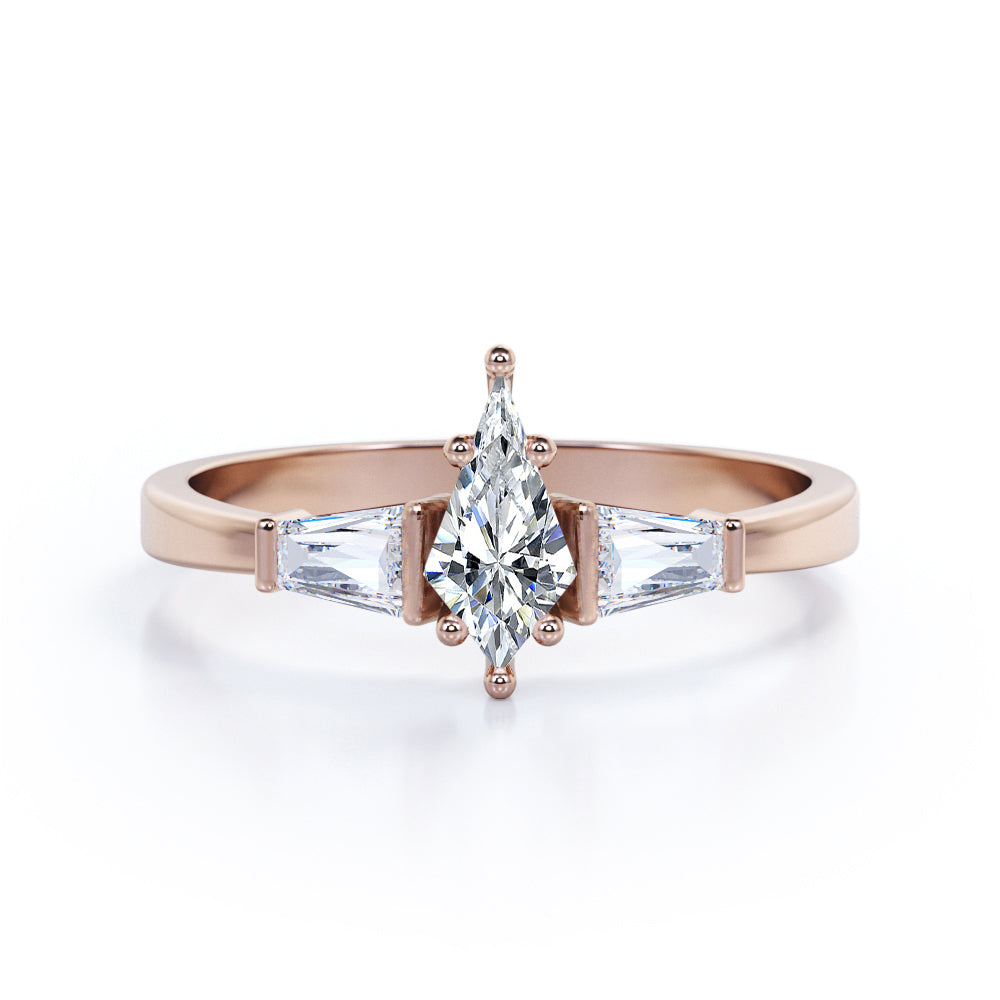 Eccentric 1.2 carat Kite shaped Moissanite and diamond art deco baguette engagement ring in Black gold