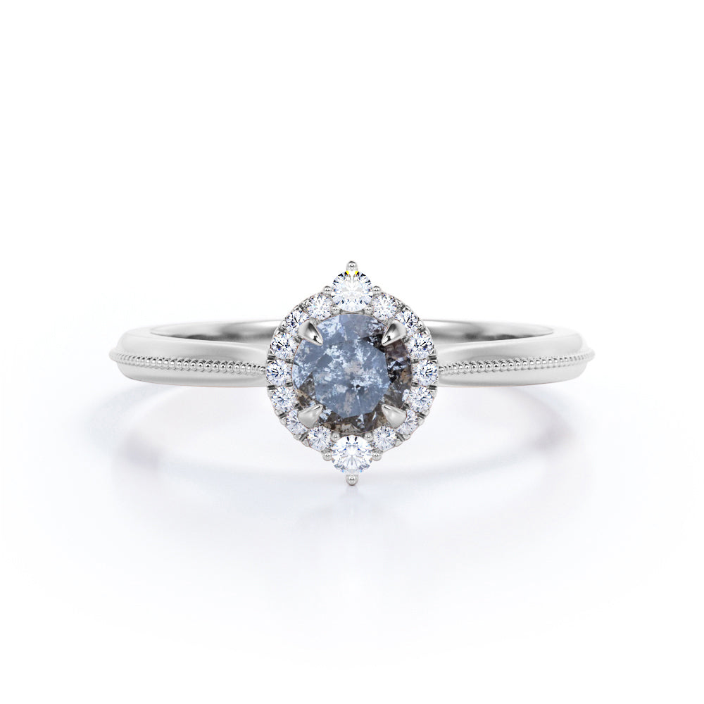 Milgrain Edge 0.55 carat round cut salt and pepper diamond and White diamond artistic halo wedding ring set in White gold