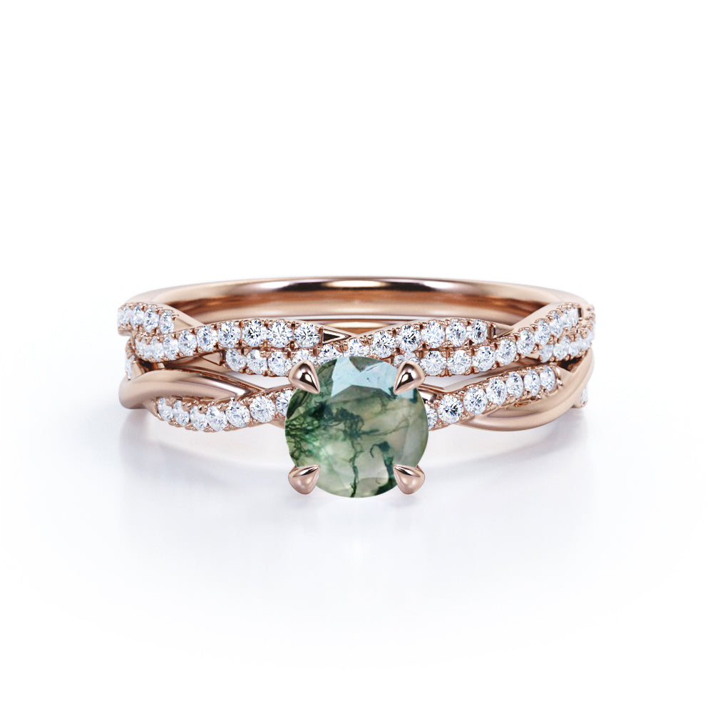Minimal 4 Prong 1.5 carat Round cut Moss Green Agate and diamond Infinity Bridal set for her