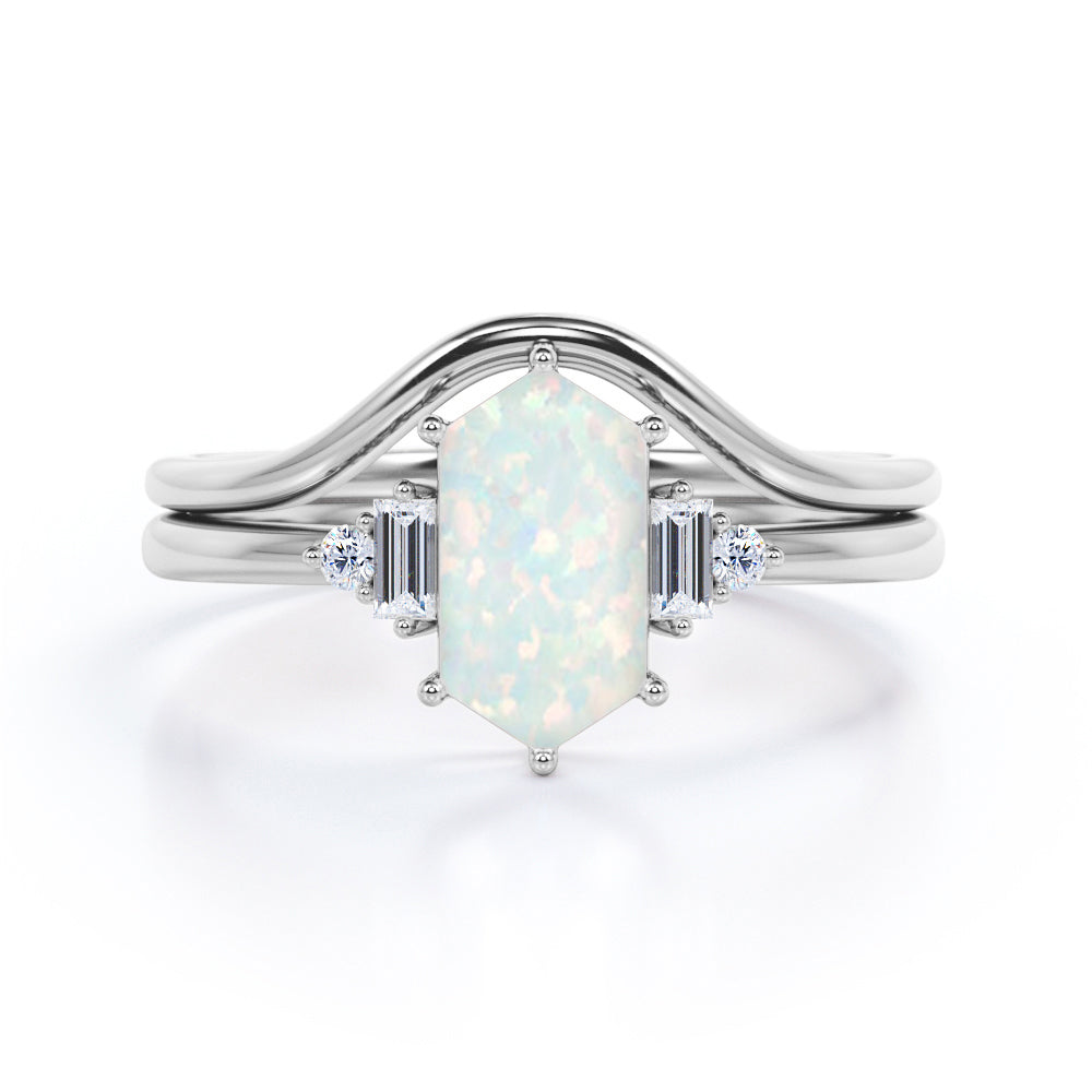 Magnificent 1.15 carat Hexagon cut Opal and diamond engagement ring with U-shaped wedding band in Black gold-Bridal set