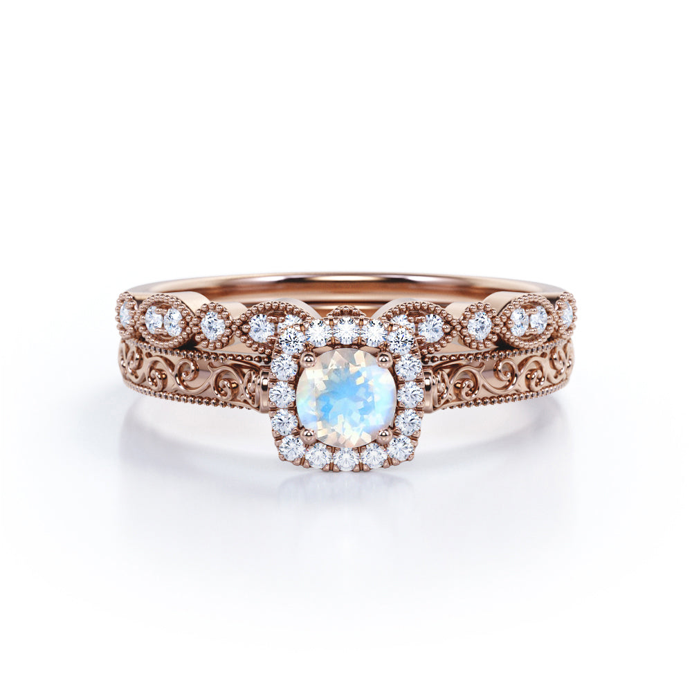 Antique Filigree and Milgrain 1.5 carat Round cut Moonstone and diamond square halo engagement ring in yellow gold
