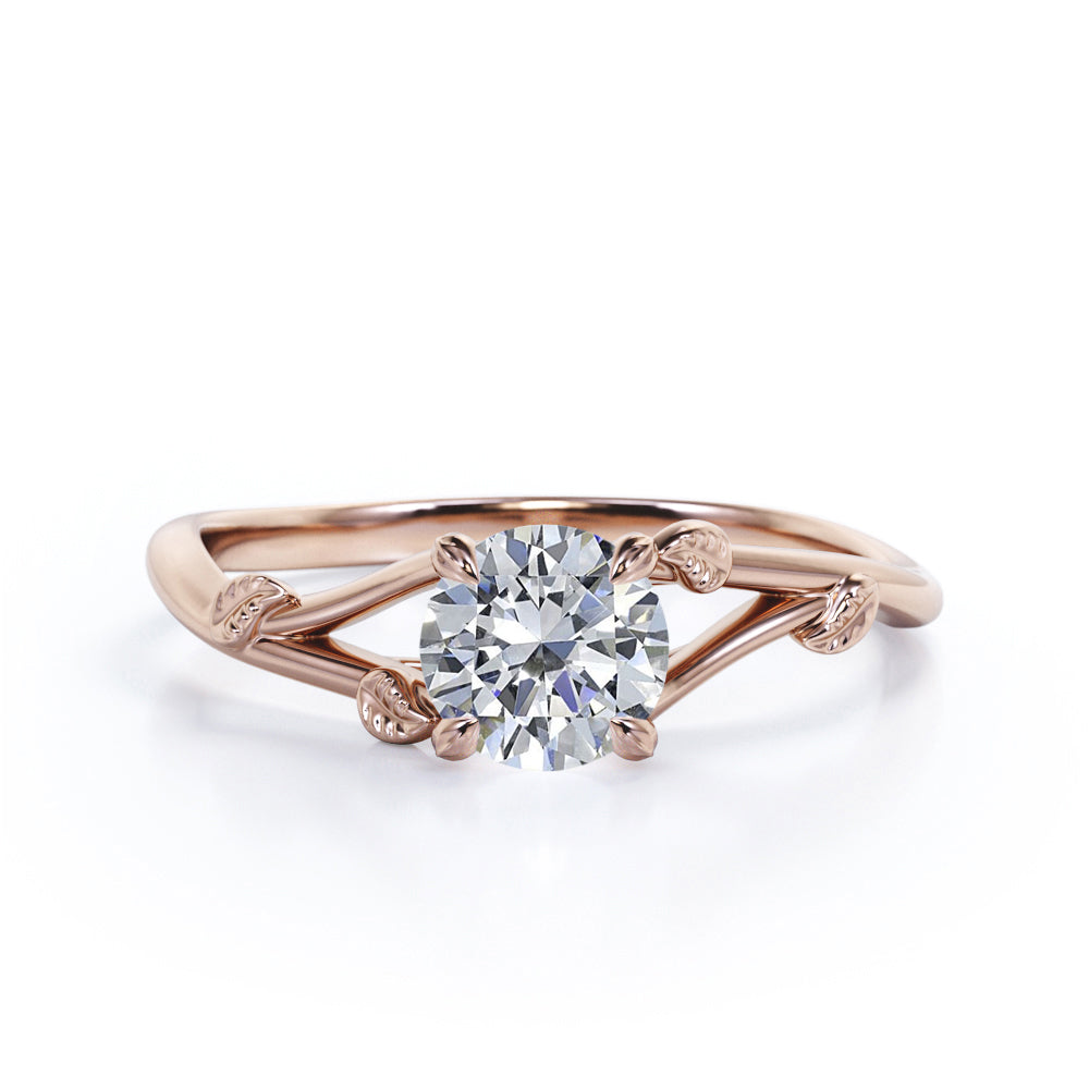 Modern Nature inspired 1 carat Round cut Moissanite solitaire engagement ring in Black gold