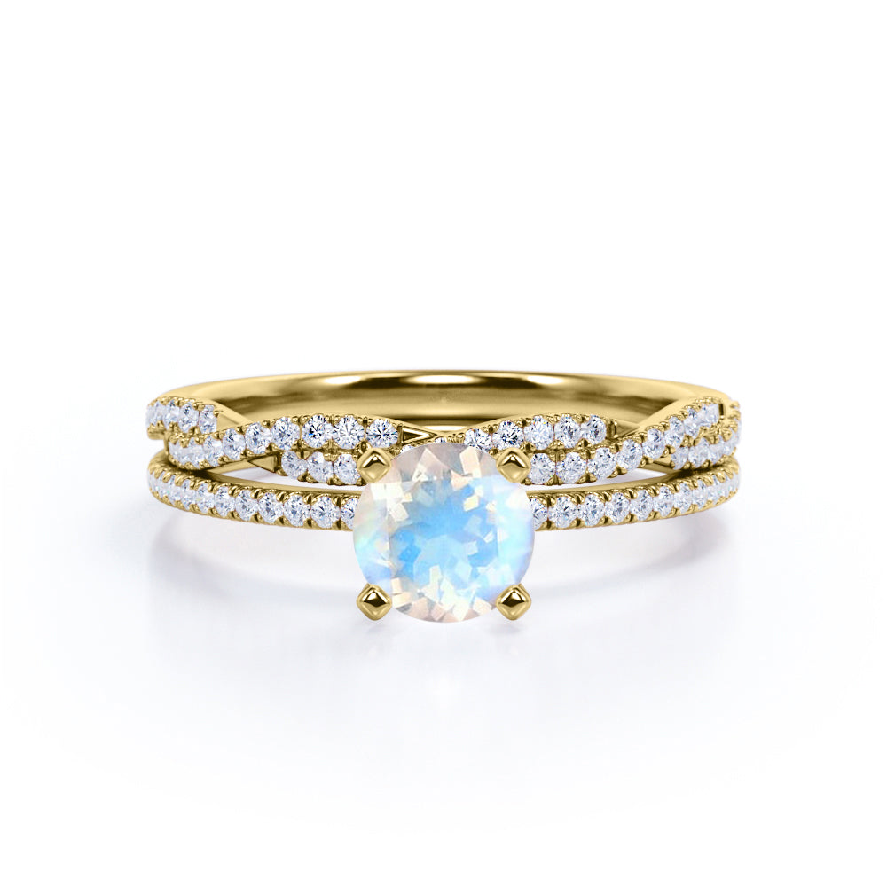 Classic 1.5 carat round cut Moonstone Wedding ring set with matching semi-infinity diamond wedding ring band in White gold