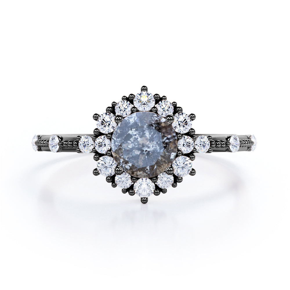 Floral Cluster 0.85 carat Round cut Salt and pepper diamond and White diamond beaded engagement ring in White gold