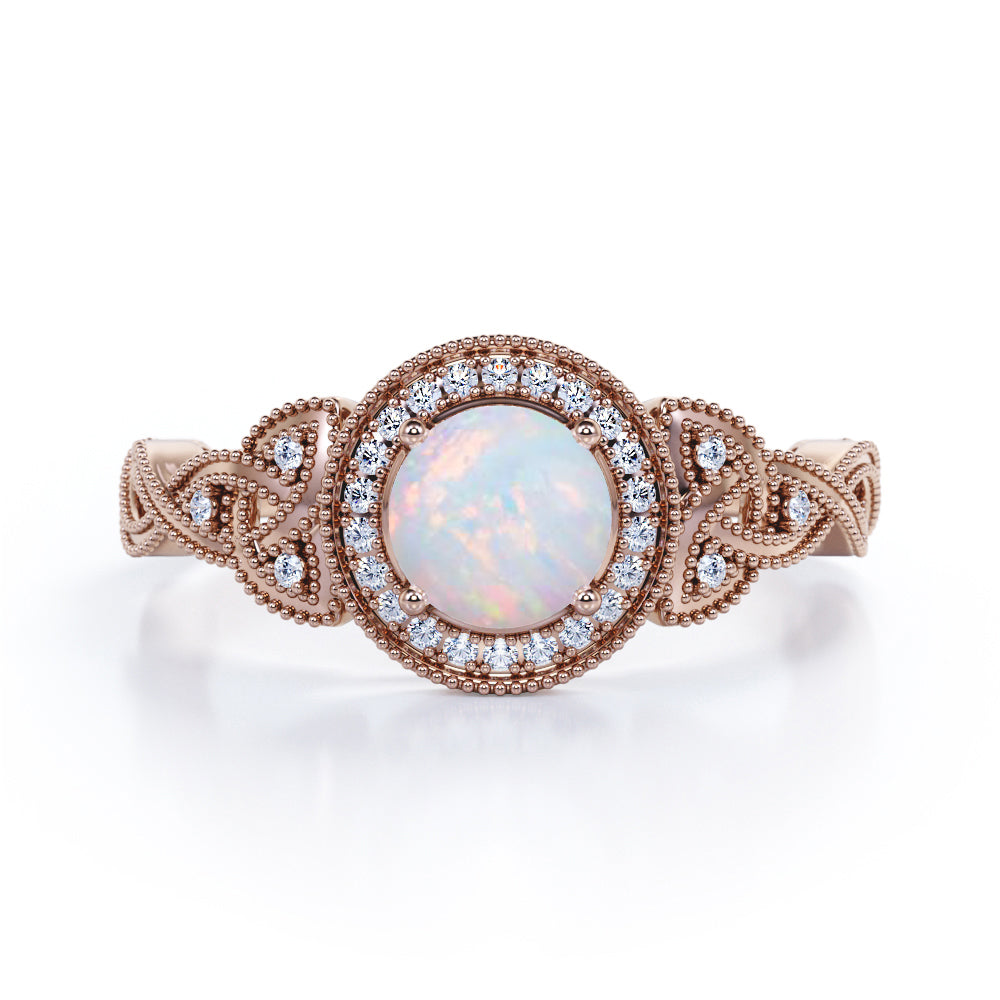 Grandiose 1.30 carat Round cut Ethiopian Opal and diamond twisted infinity halo engagement ring in White gold