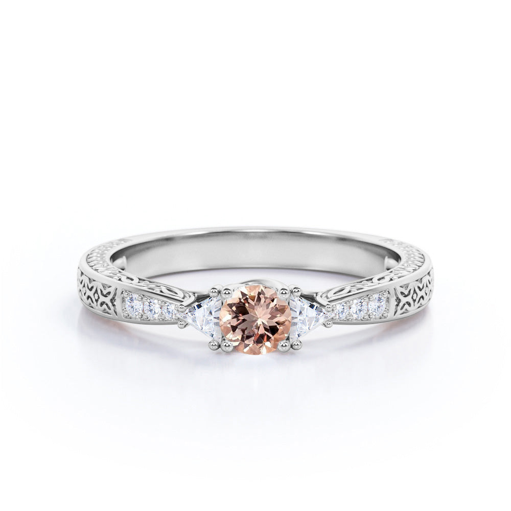 Trillion 0.75 carat Round cut Peach Morganite and diamond vintage baguette engagement ring in Yellow gold