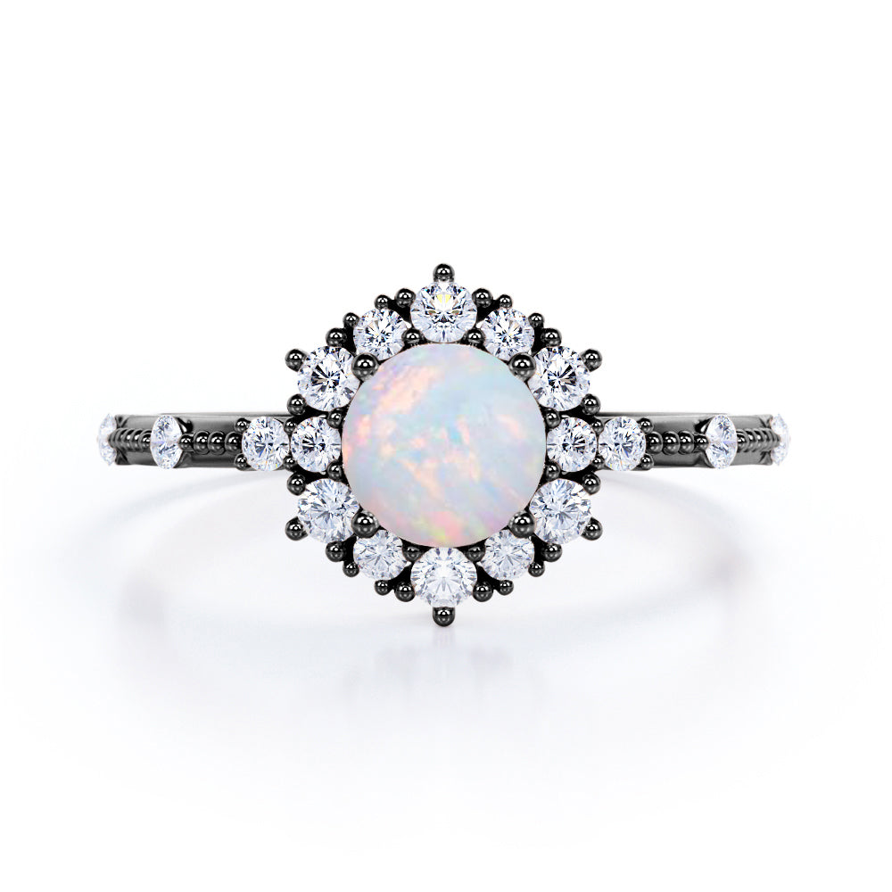 Floral art inspired 1.20 carat Round cut Ethiopian Opal and diamond-engraved-cluster halo engagement ring White gold