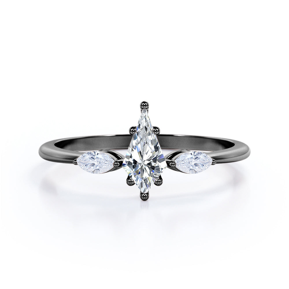 Unique 3 stone 1.1 carat Kite shaped Moissanite and marquise diamonds engagement ring in White gold