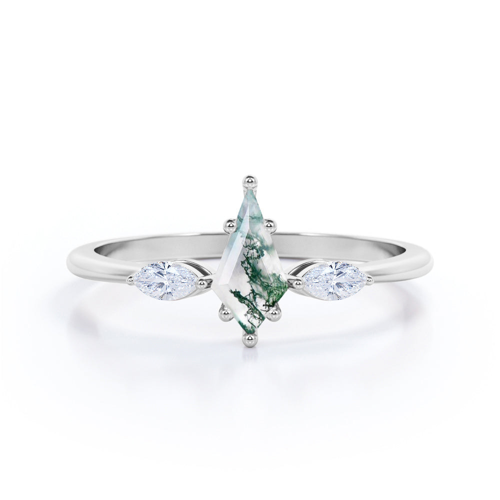 Modern Trinity 1.15 carat Kite shaped Moss Green Agate and marquise diamond tapered shank engagement ring in Black gold