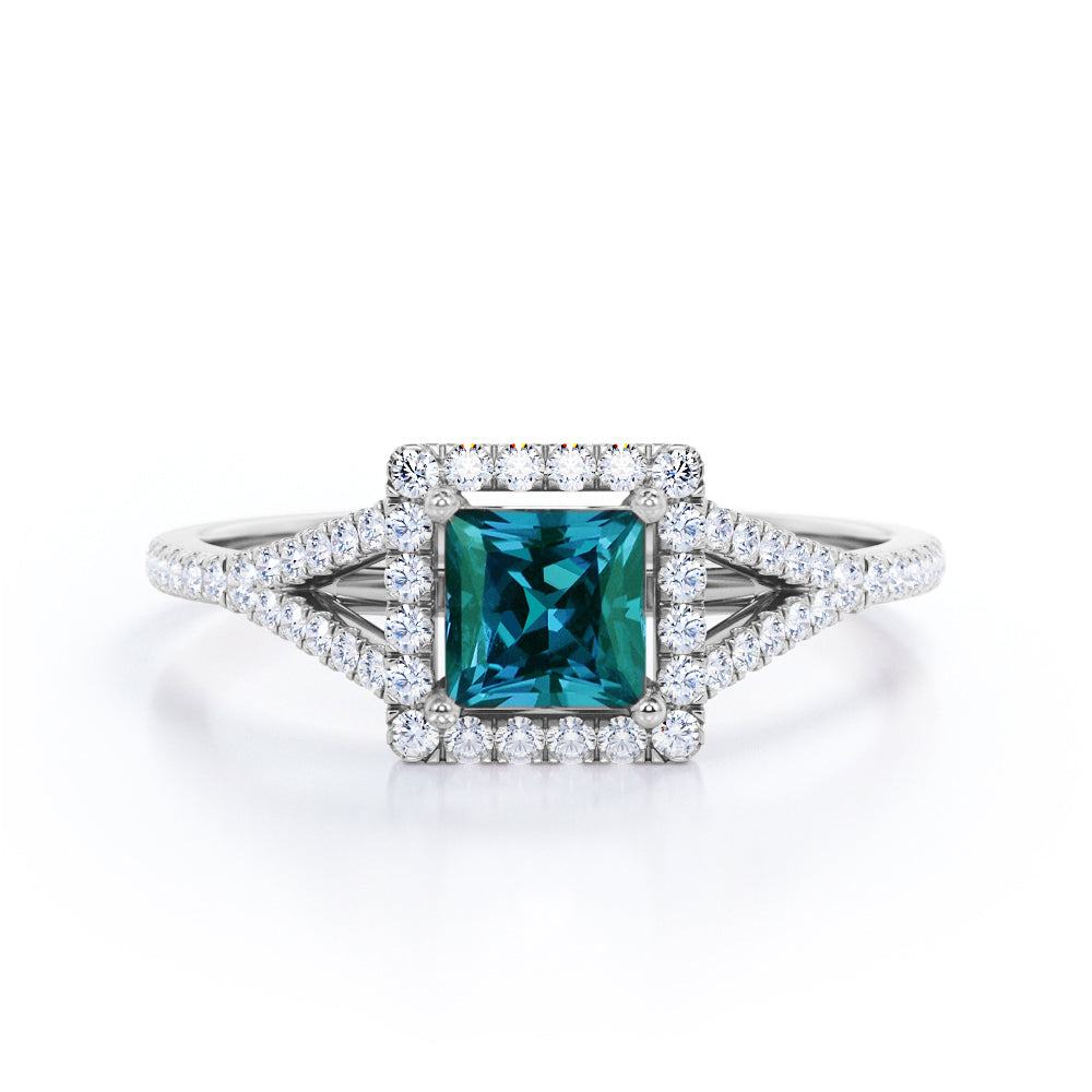 Antique French Pave 1.35 carat Princess cut Synthetic Alexandrite and diamond split shank style engagement ring in Rose gold