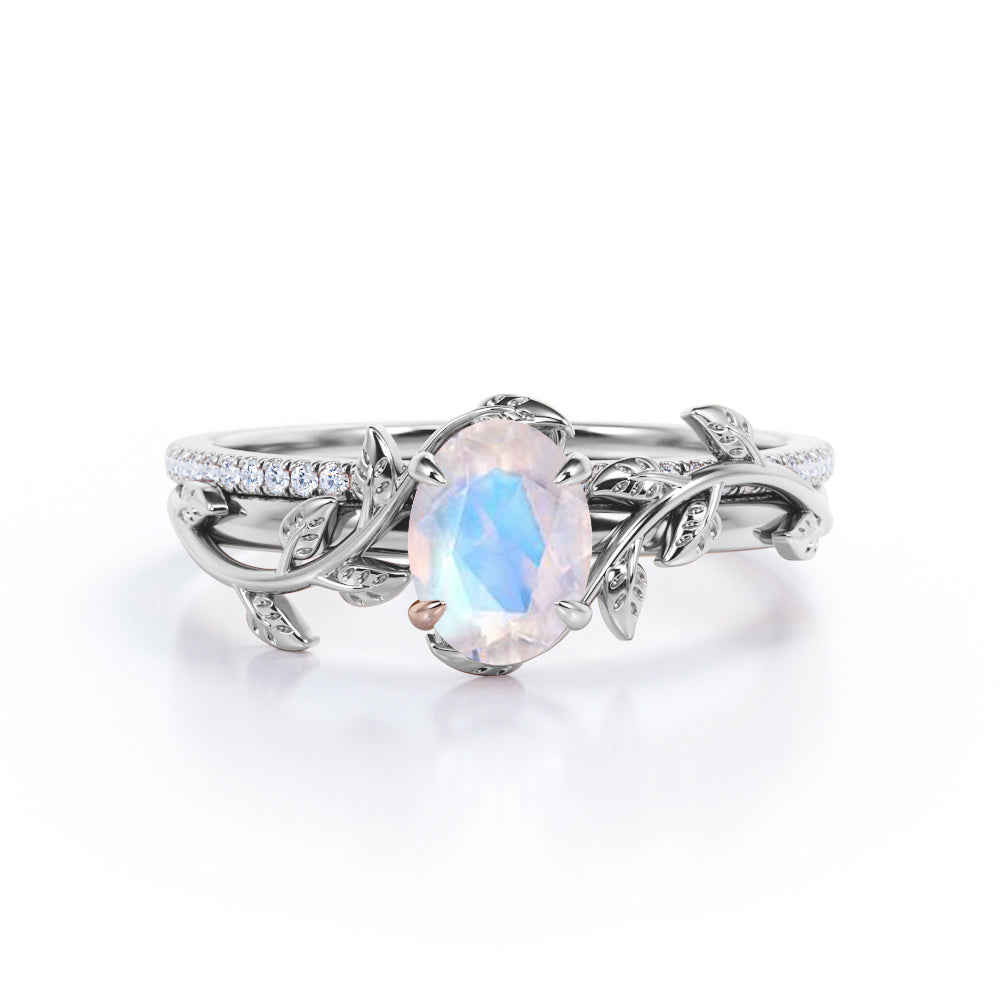 Olive leaf ring inspired Oval cut 1.25 carat Moonstone and diamond Wedding ring set in White gold