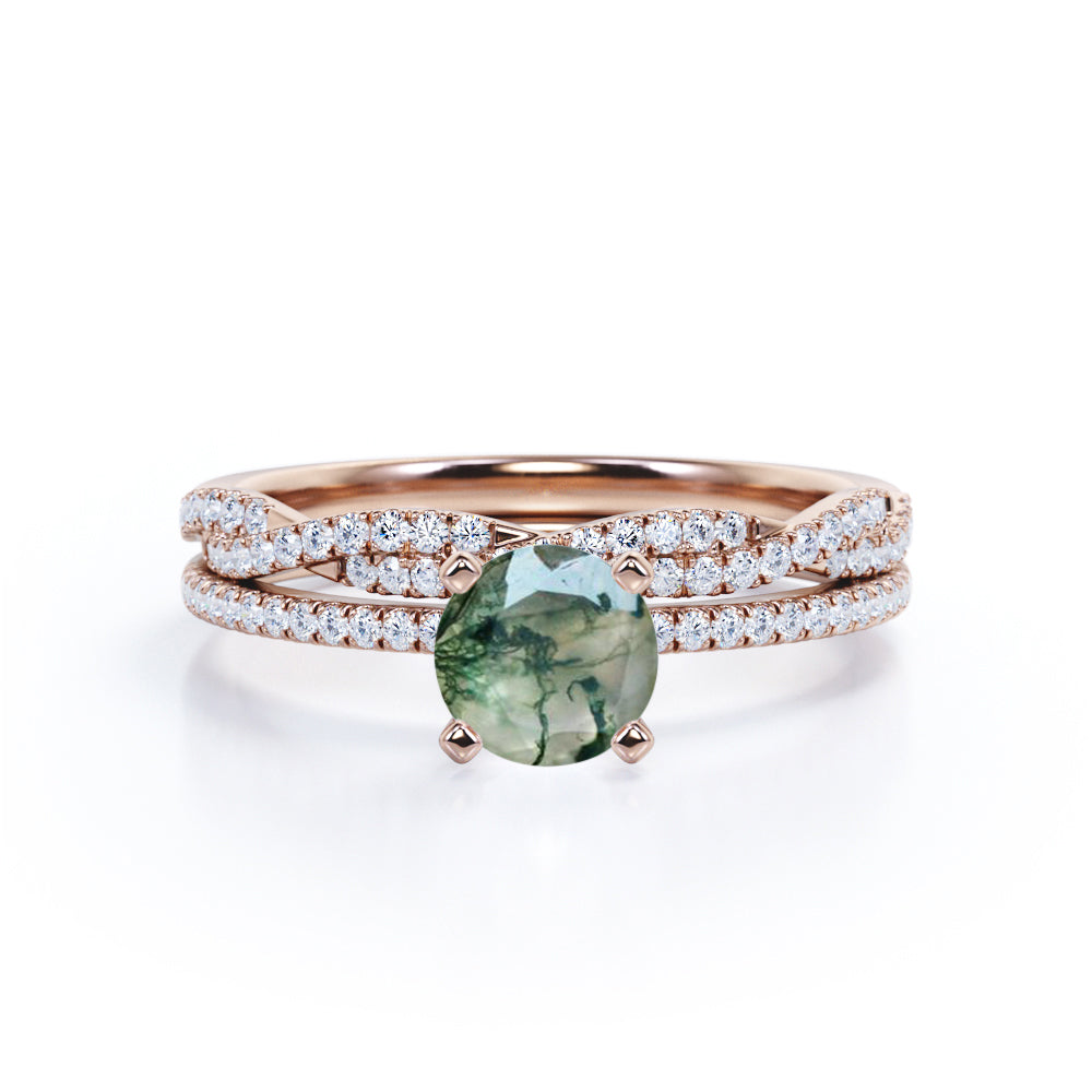 Elegant 1.50 carat Round cut 4 Prong Moss Green Agate and diamond Infinity Wedding ring set in White gold