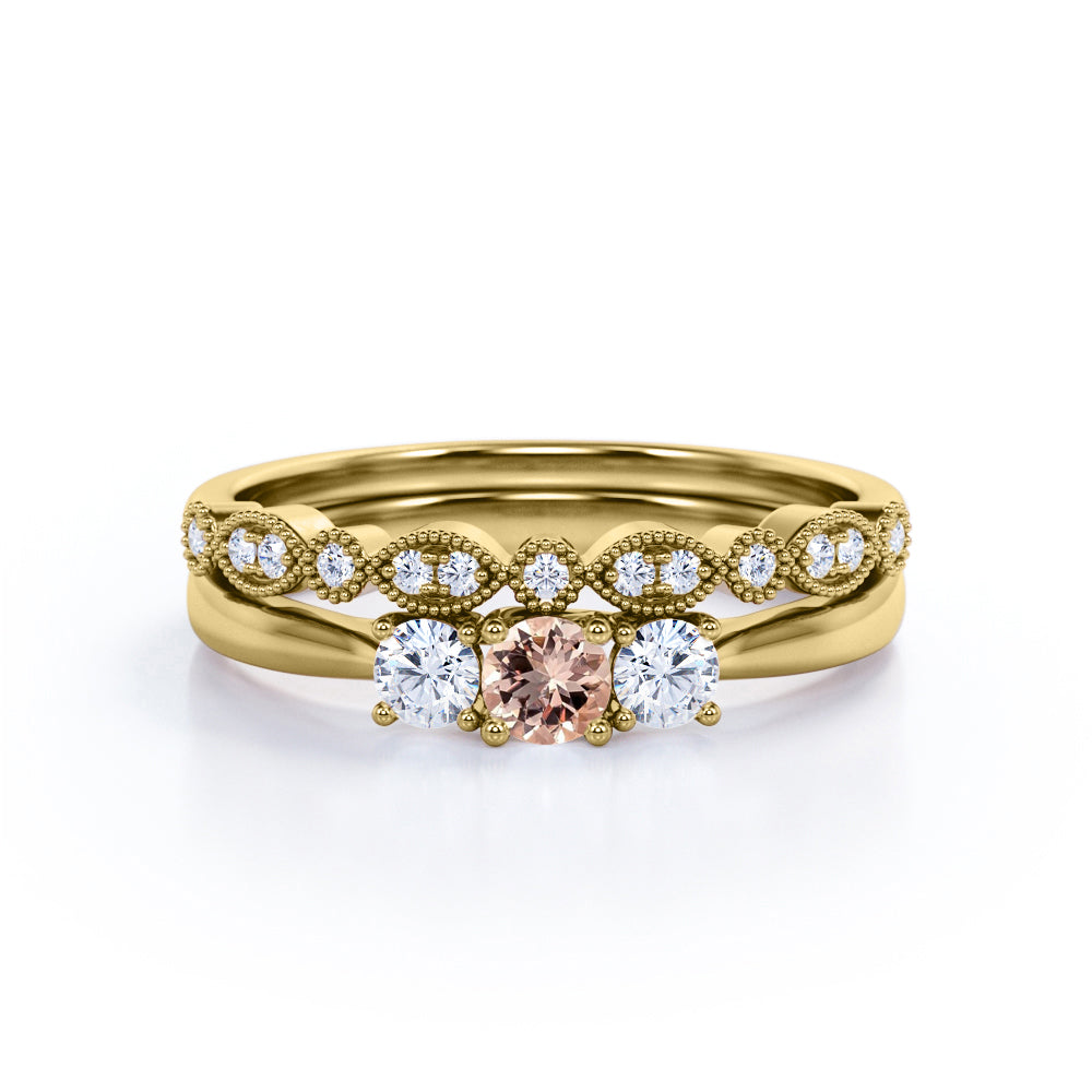 Antique Trilogy 0.8 carat Round cut Peach Pink Morganite and diamond Milgrain wedding ring set in White gold