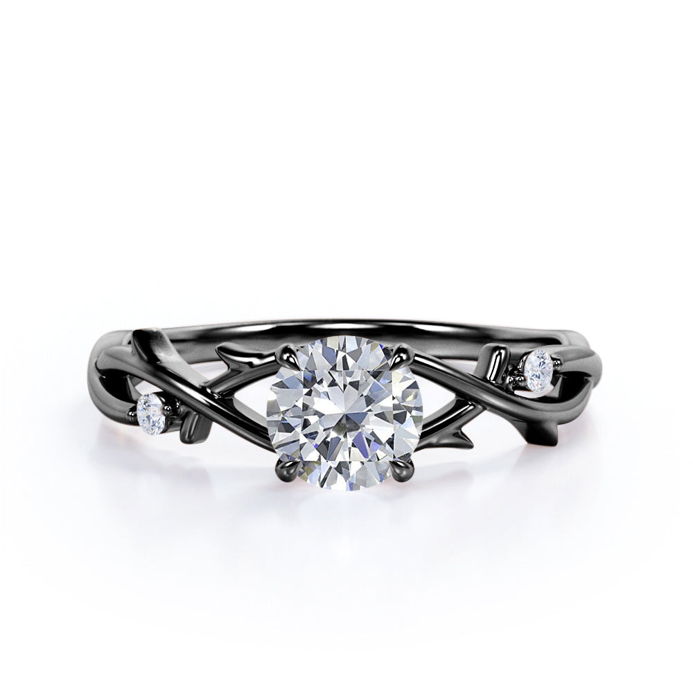 Branch leaf inspired 1 carat Round cut Moissanite and diamond solitaire engagement ring in rose gold