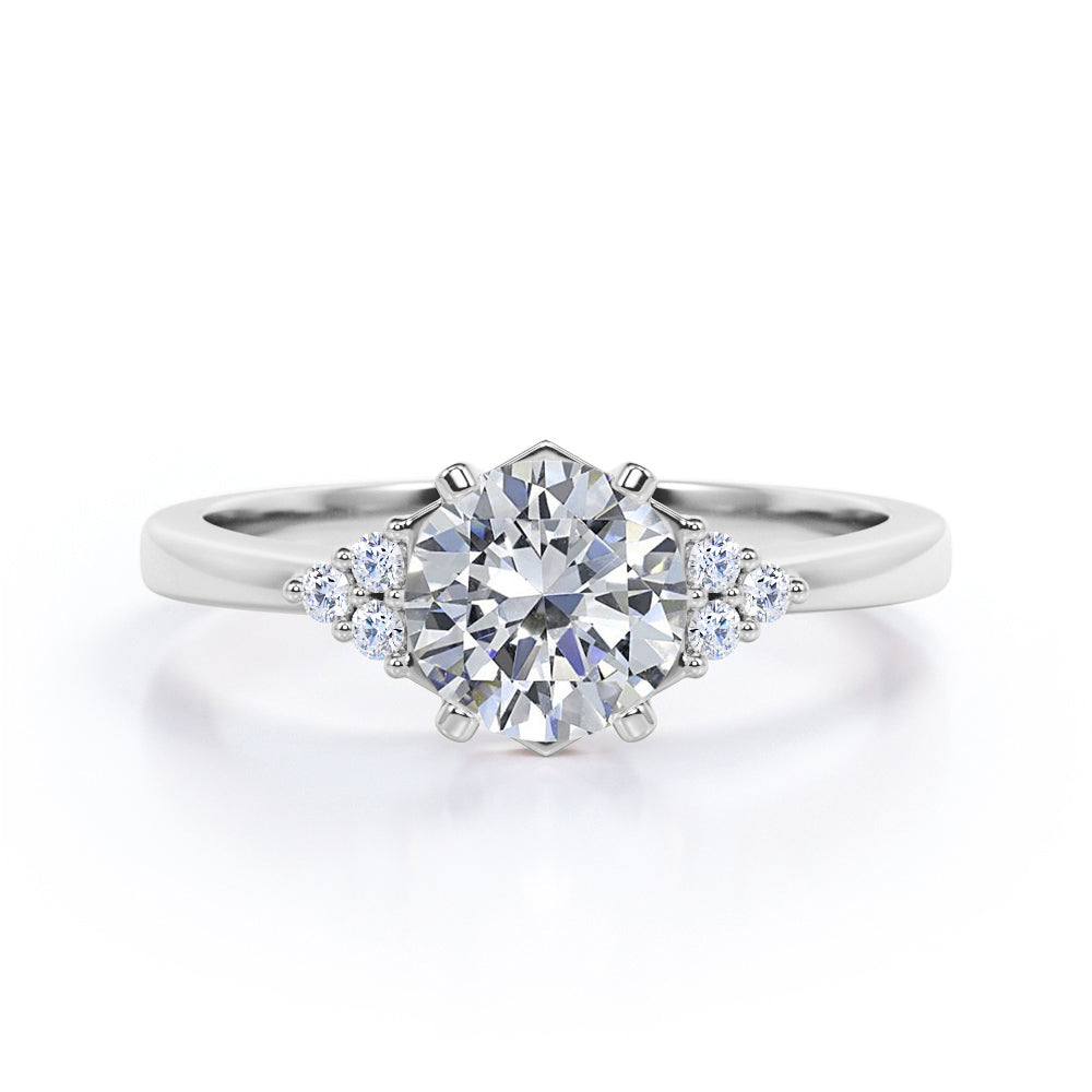 Classic 7 stone 1.1 carat Round cut Moissanite and diamond hexagon prong set engagement ring in rose gold