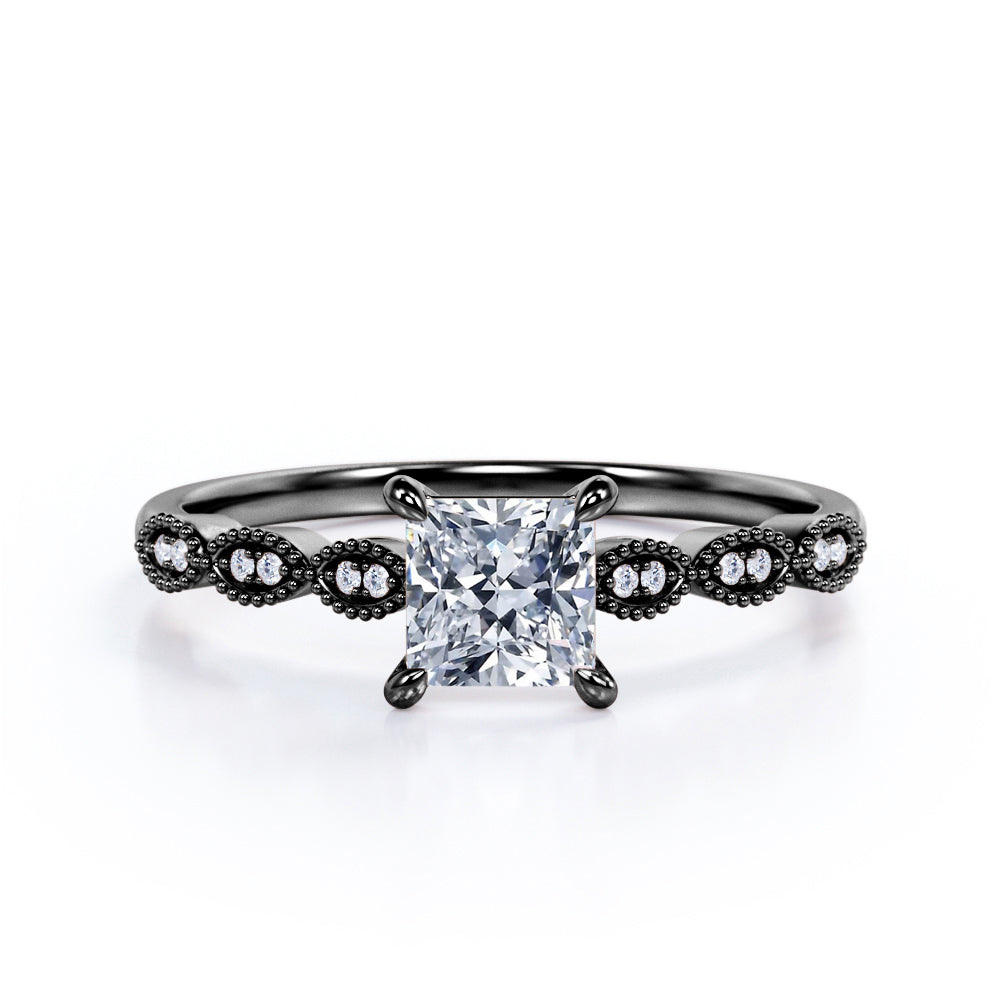 Claw prong setting 1.15 carat Princess cut Moissanite and diamond bead décor engagement ring in White gold