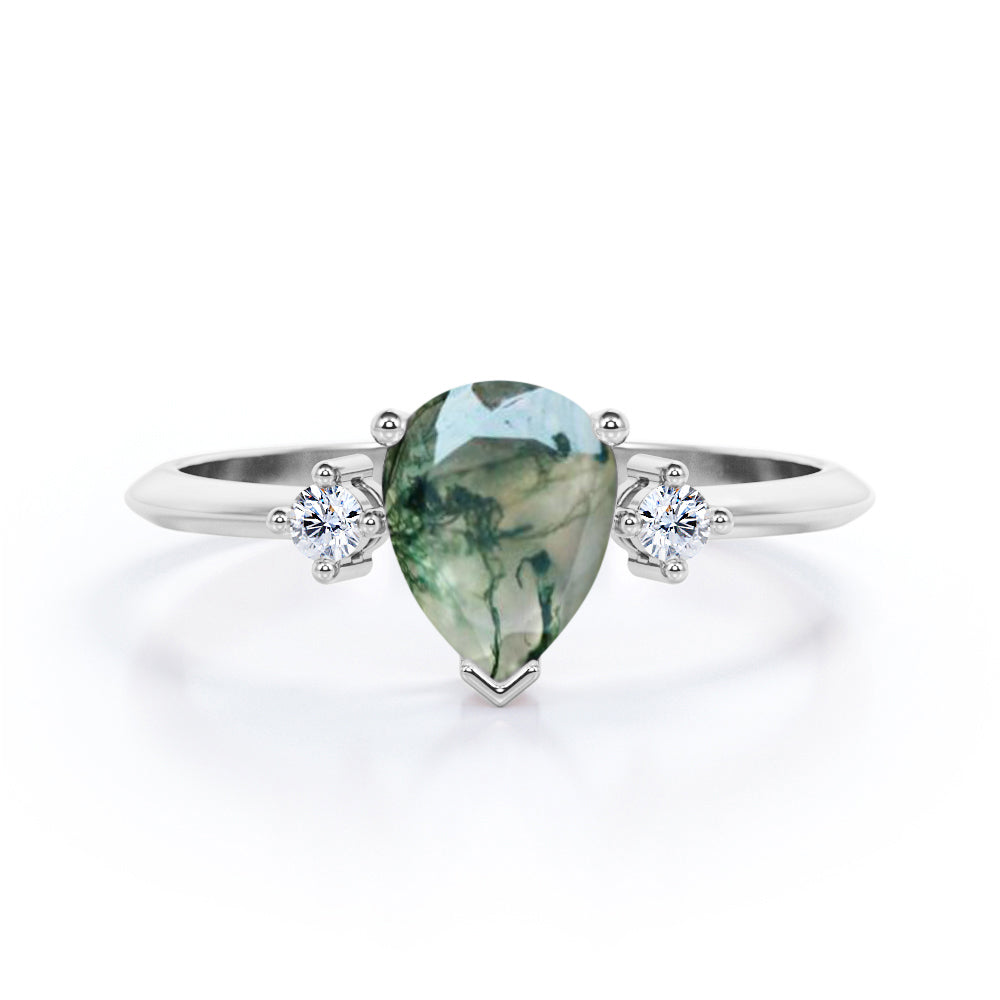 Vintage trinity 1.1 carat Pear cut Moss Green Agate and diamond pinched shank engagement ring in Rose gold