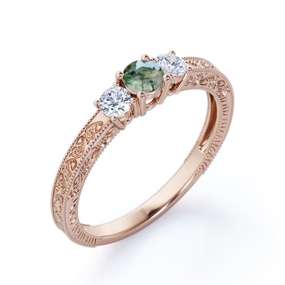 Past Present future 0.6 carat Round cut Moss Green Agate Milgrain Filigree Engagement ring in White gold