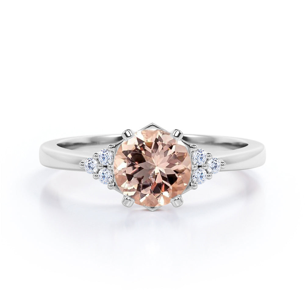 Four Claws 1.1 carat Round cut Morganite and diamond vintage style engagement ring in Rose gold