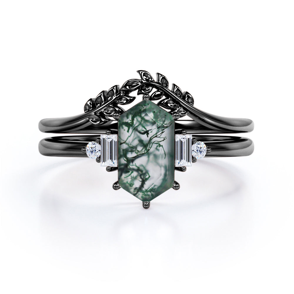 Leaf inspired Chevron 1.1 carat Hexagon shaped Moss Green Agate and diamond wedding ring set in Rose gold