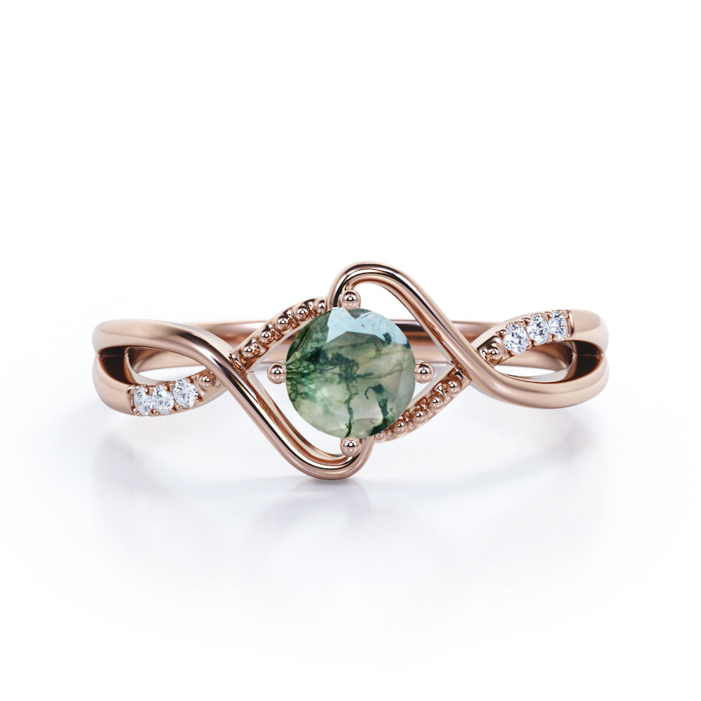 Infinity shank 1.15 carat Round cut Moss Green Agate and diamond milgrain engagement ring in White gold