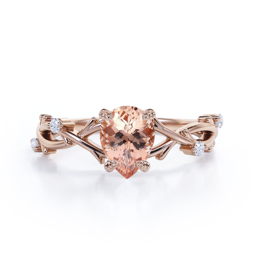 Delicate Twig and Vine 1.1 carat Pear Shaped Morganite and diamond forest ring-earthy engagement ring in White gold