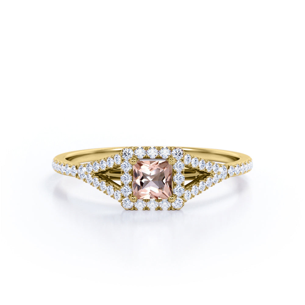 Pave shank 1 carat Princess cut Morganite and diamond eternity halo engagement ring in White gold