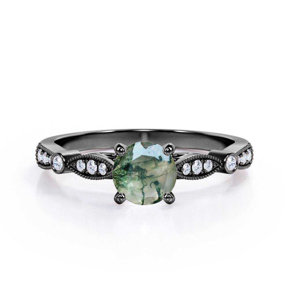 Art deco Cathedral 1.2 carat Round cut Moss Green Agate and diamond bead décor engagement ring in Rose gold