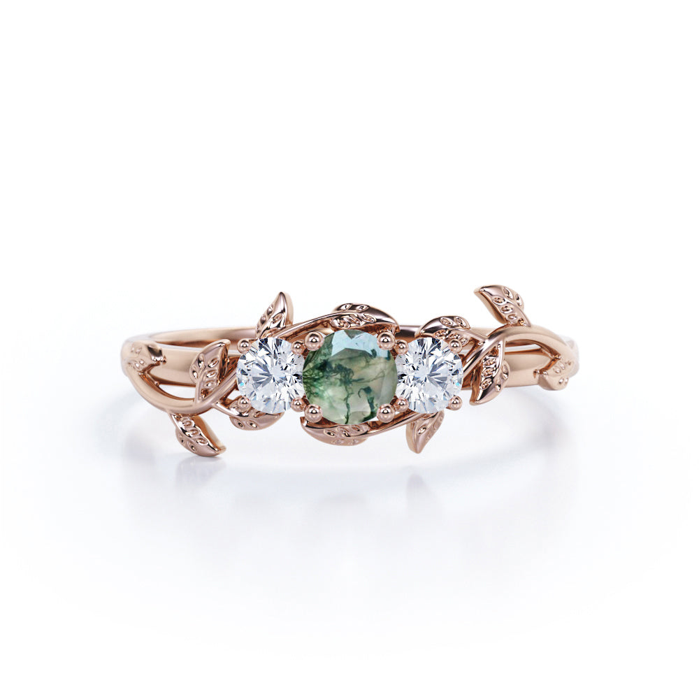 Nature inspired Trilogy 0.65 Round cut Moss Green Agate and diamond Anniversary ring for women in White Gold - Engagement ring
