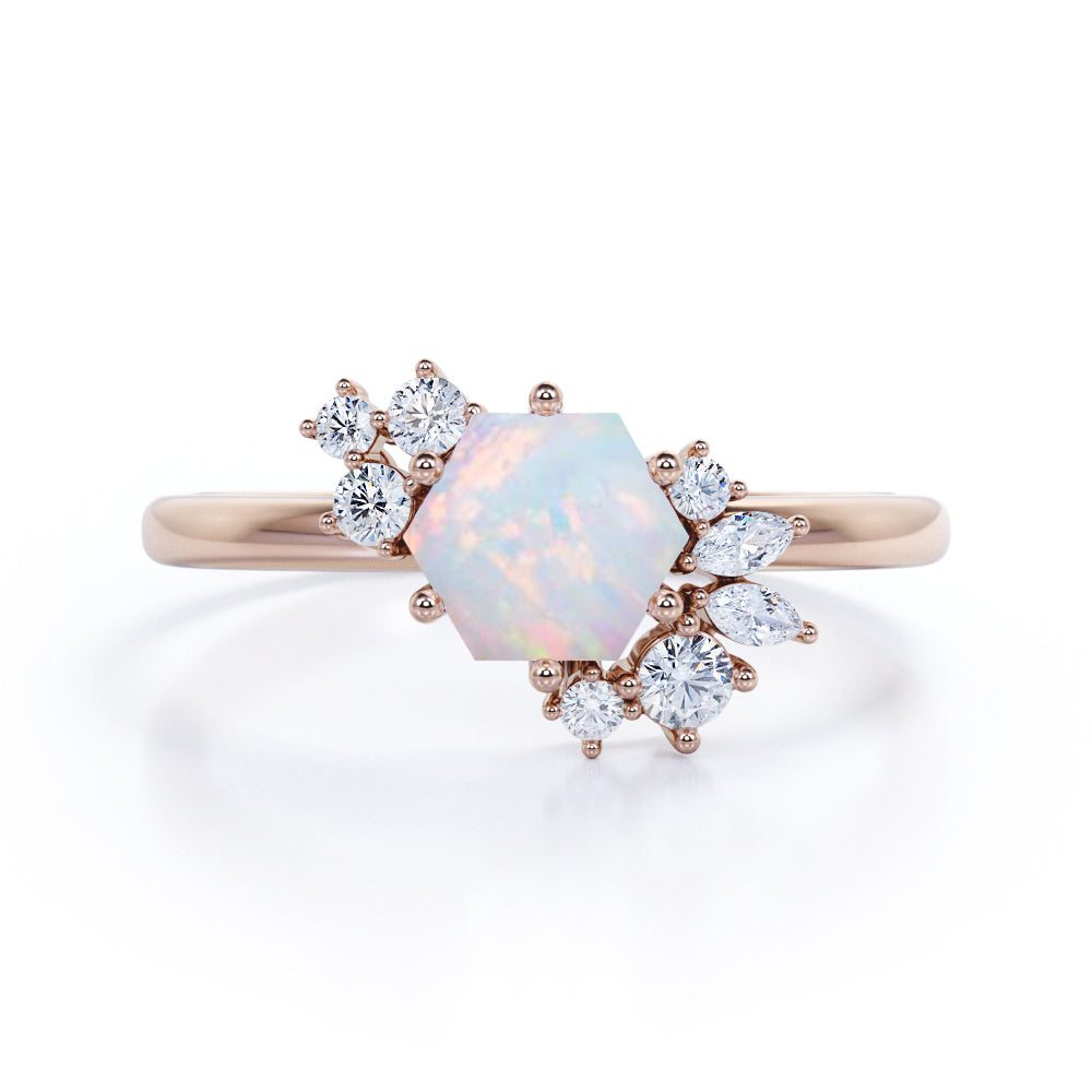 Artistic modern 1.2 carat Hexagon shape Ethiopian Opal and diamond Bridal set for women in White gold