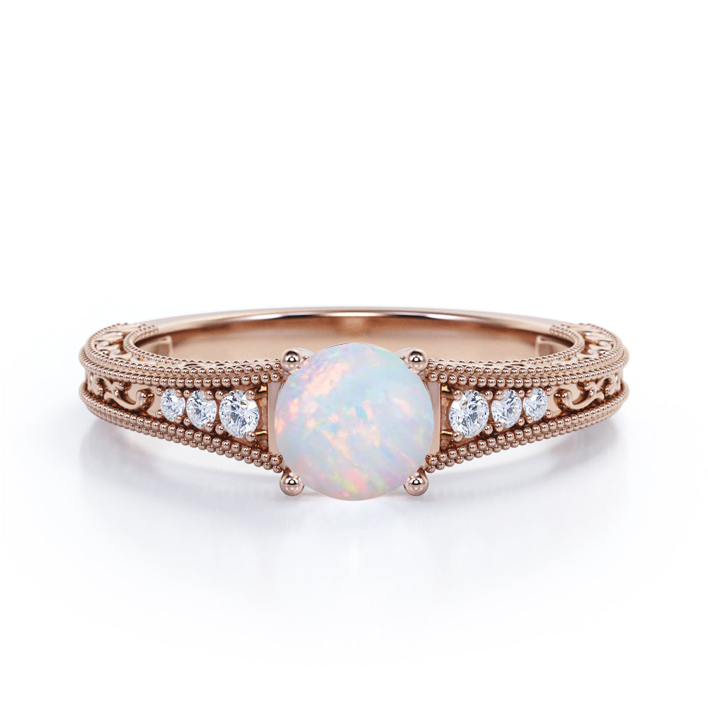 Victorian style inspired 1 carat Round cut Opal and diamond-filigree and milgrain-art deco engagement ring in White gold