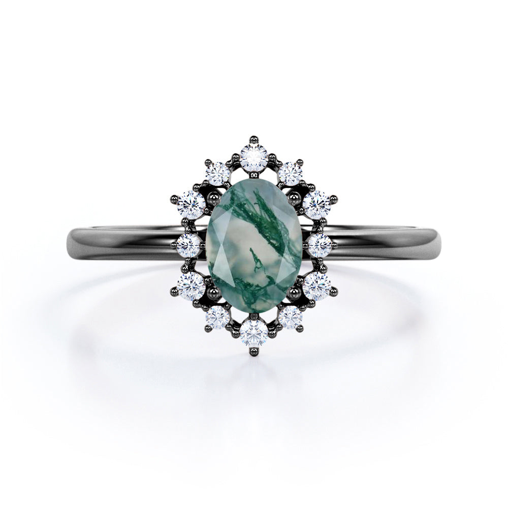 Snowflake Cluster 1.2 carat Oval shaped Moss Green Agate and diamond halo engagement ring in Rose gold