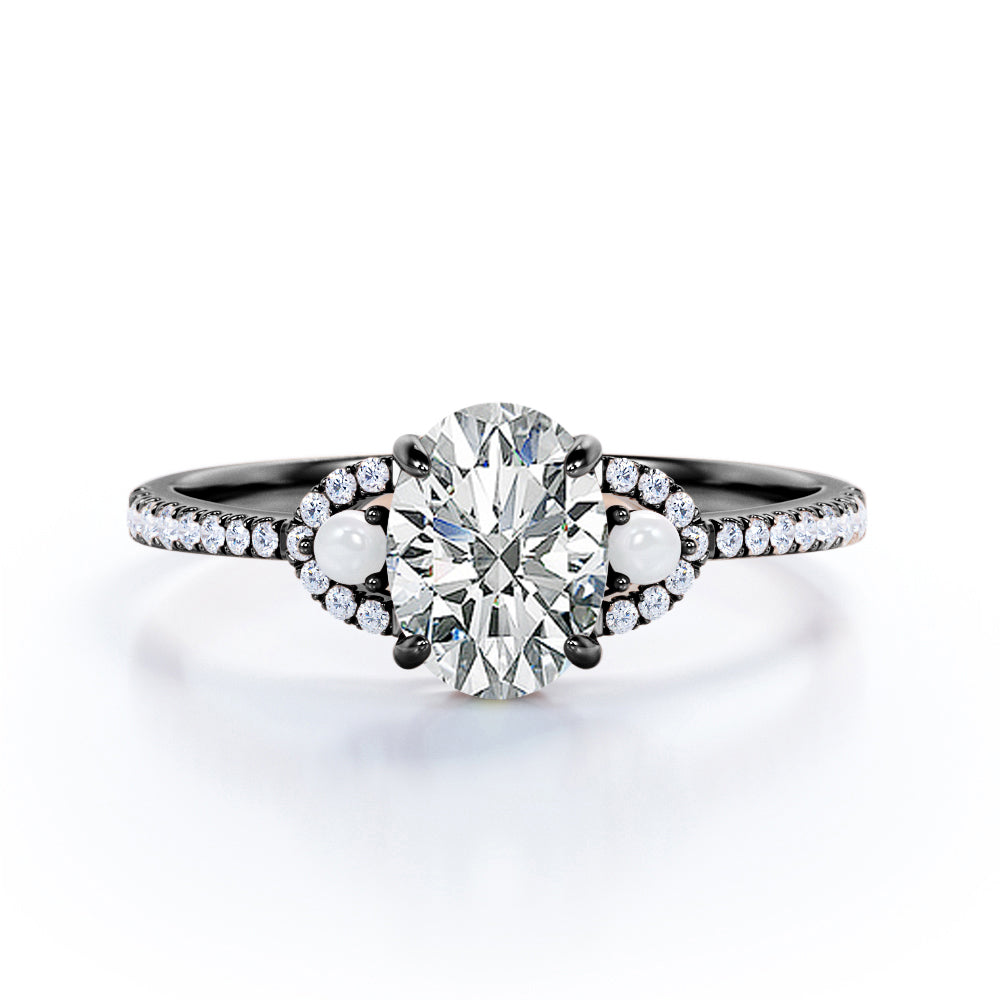 Vintage crescent style 1.35 carat Oval cut Moissanite, diamonds and freshwater pearl engagement ring in Rose gold
