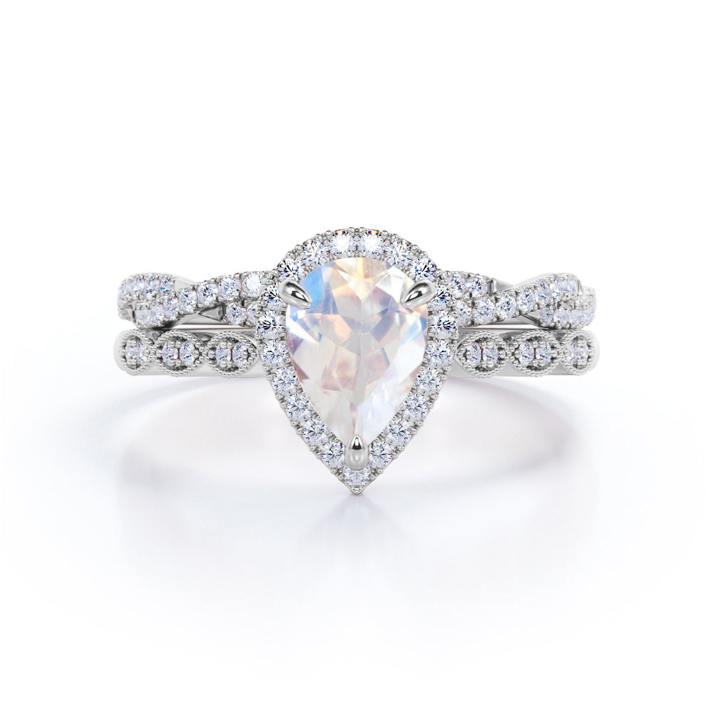Art deco Antique 1.75 carat Pear shaped Milgrain Moonstone and diamond Wedding ring set- Anniversary ring in White gold