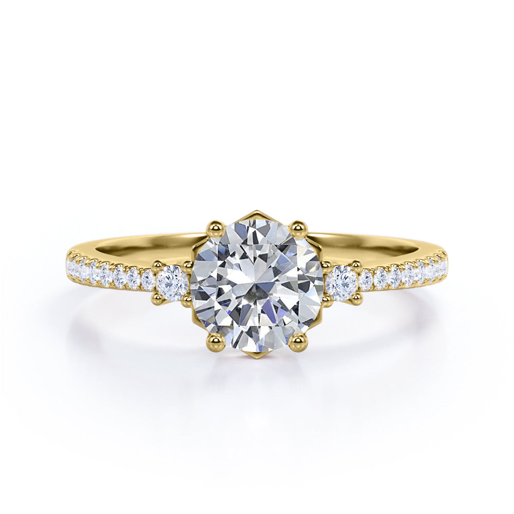 Antique Pave set 1.25 carat Round cut Moissanite and diamond 3 stone engagement ring in White gold