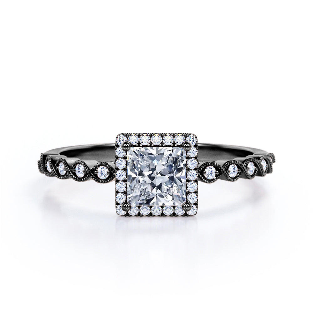 Princess Halo 1.35 carat square cut Moissanite and diamond vintage engagement ring in White gold