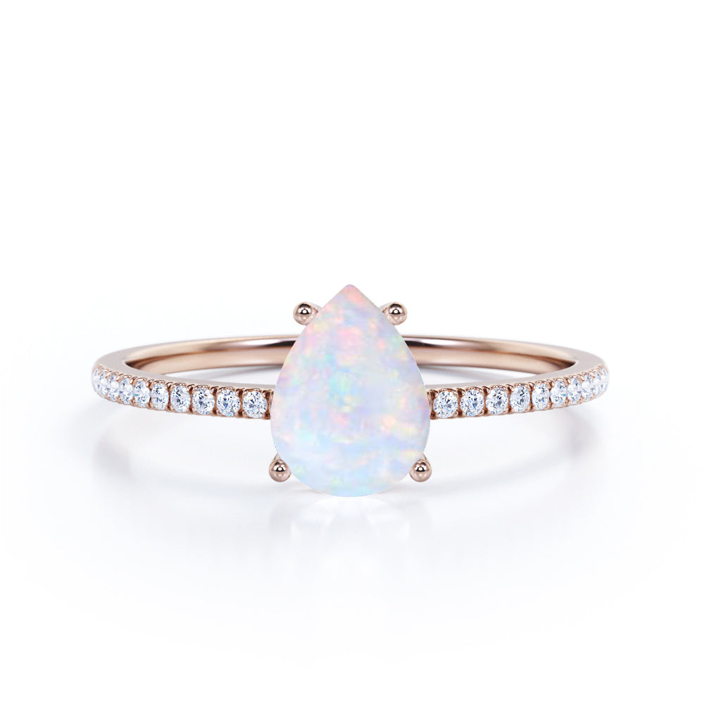 Classic Pave 1.20 carat Pear cut Opal and diamond vintage style engagement ring in Black gold