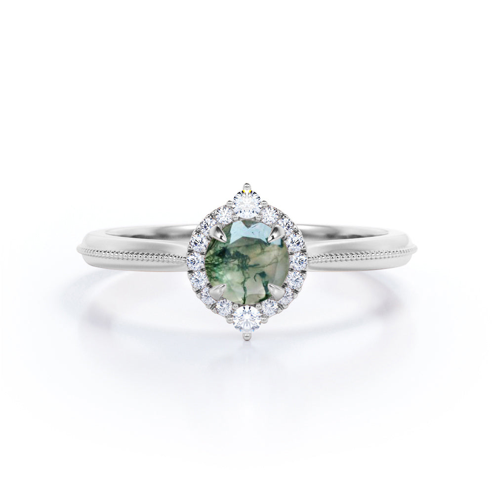 Milgrain Filled 0.75 Round cut Antique Pointed Halo Moss green Agate and diamond wedding ring set for women in gold