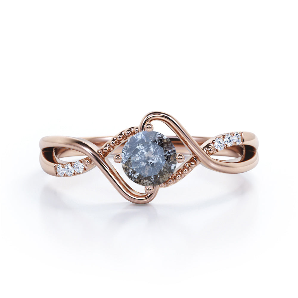 Infinity Milgrain 0.6 carat Round cut Salt and pepper diamond twisted shank engagement ring in White gold