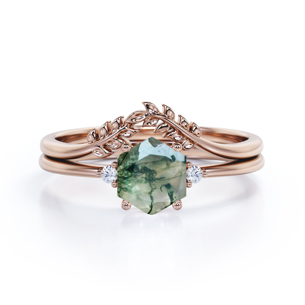 Earthy Three stone 0.55 carat Hexagon shaped Moss Green Agate and diamond antique style wedding ring set in Black gold