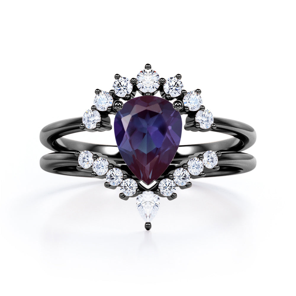 Elegant Vintage inspired 1.25 carat Pear shaped Lab made Alexandrite and diamond bridal set for women in Black gold