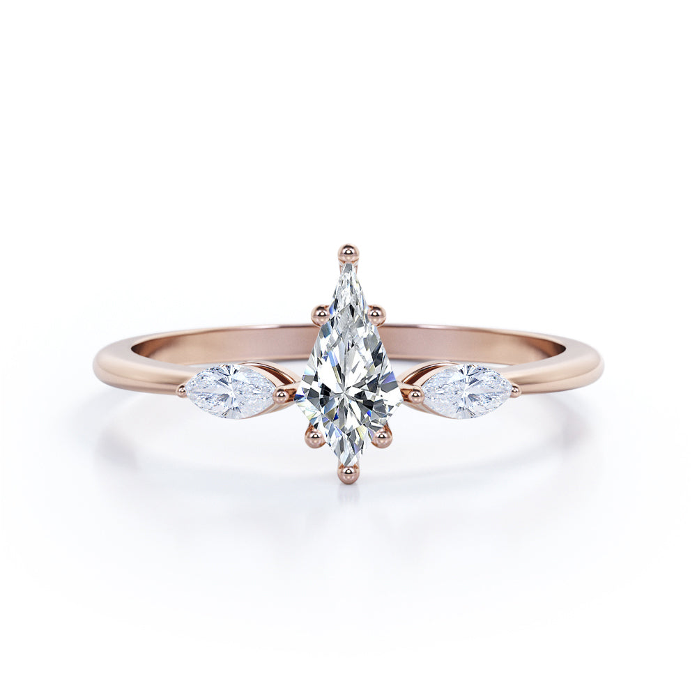 Unique 3 stone 1.1 carat Kite shaped Moissanite and marquise diamonds engagement ring in White gold
