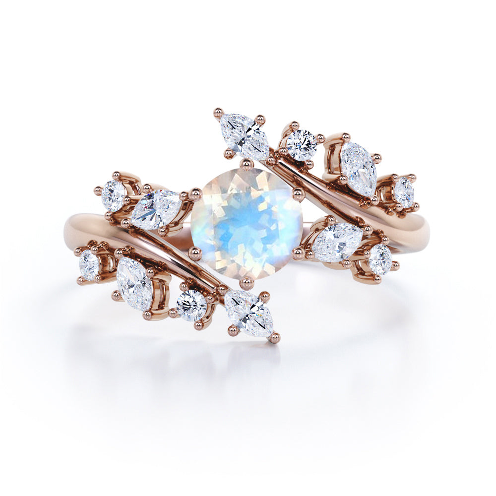 Floral Branch and leaf 1.25 carat Round cut Blue Moonstone and diamond tension set engagement ring in Black gold