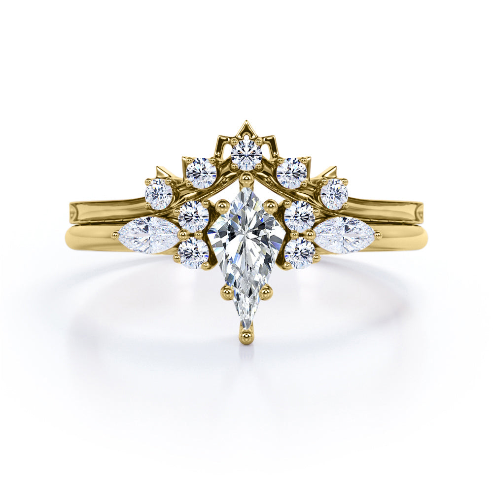 Vintage Royal inspired 1.35 carat Kite shaped Moissanite and diamond art deco wedding ring set in White gold