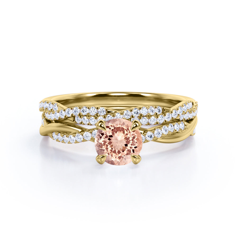Classic claw prong 1.5 carat Round cut Peach Morganite and diamond Infinity wedding ring set in White gold.
