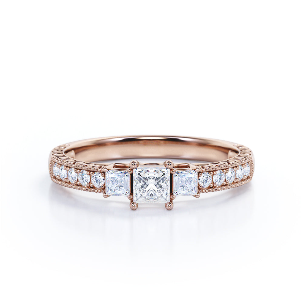 Vintage inspired trilogy 0.75 carat Princess cut Moissanite and diamond art nouveau engagement ring in White gold