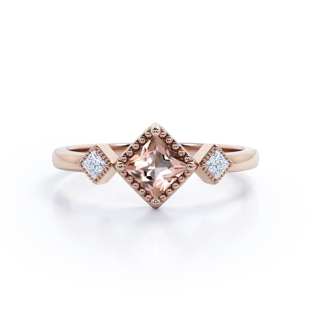 Vintage style 1.1 carat Princess cut Peach Morganite and diamond three stone Milgrain ring for women- Engagement ring in White gold