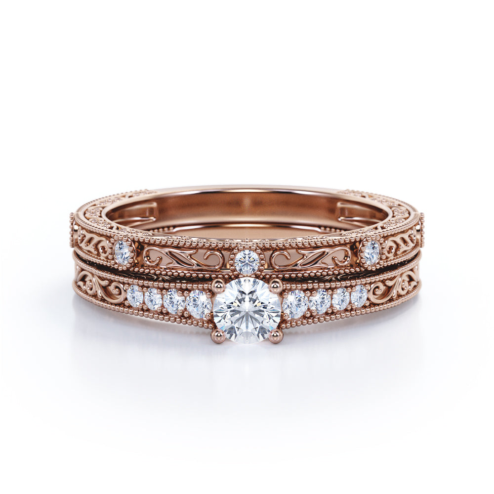 Authentic Victorian filigree 0.75 carat Round cut Moissanite and diamond Bridal set in White gold