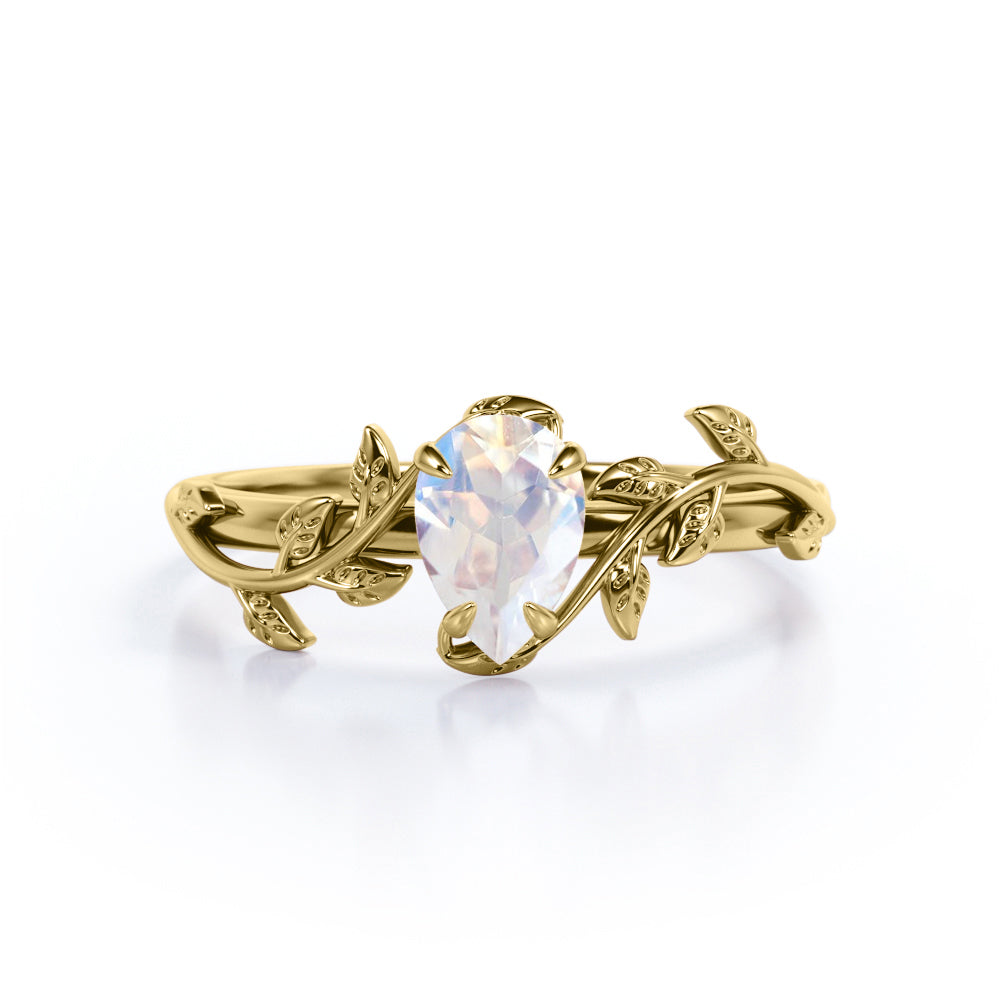 Vine leaf inspired 1 carat Pear cut Moonstone Almond shape Engagement ring for her - Anniversary ring
