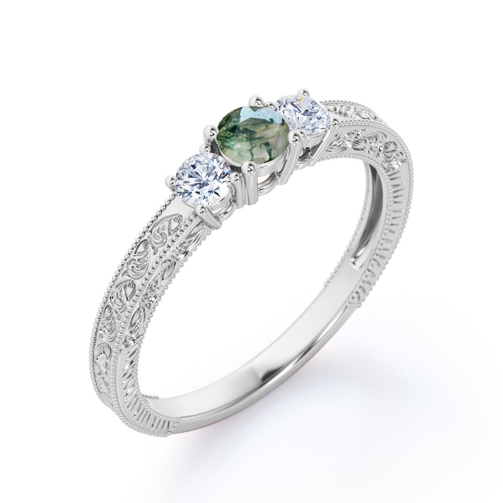 Past Present future 0.6 carat Round cut Moss Green Agate Milgrain Filigree Engagement ring in White gold